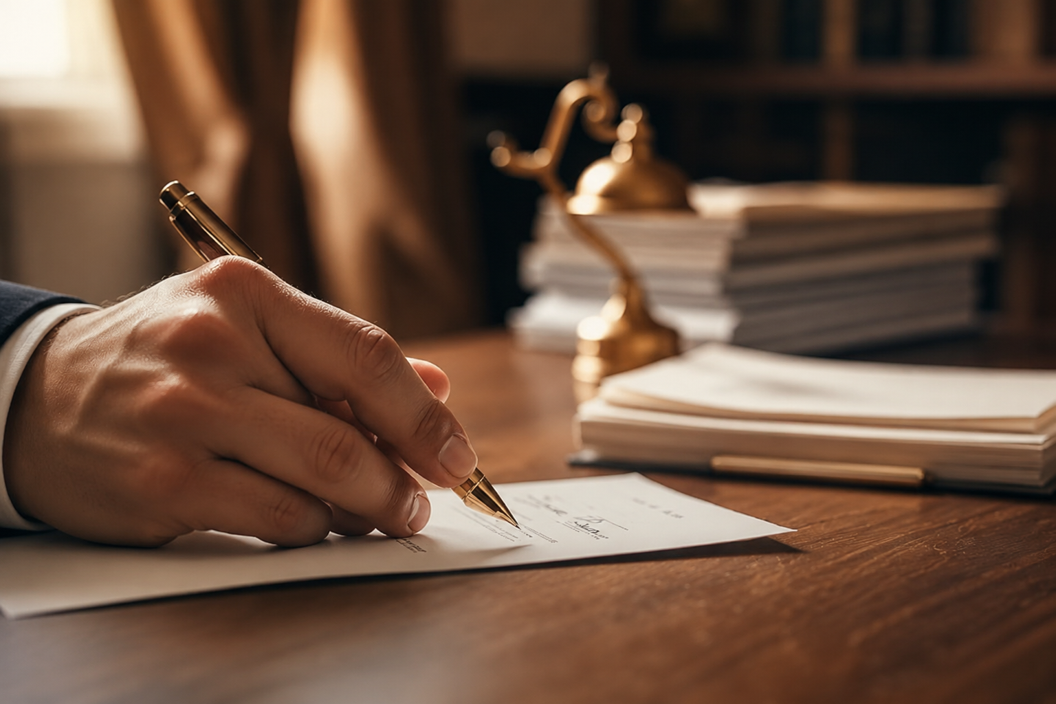 Hand signing a trademark document with a fountain pen